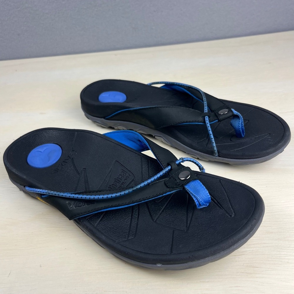 Vionic Orthaheel Cascade Sandals Womens 6 Black Blue Leather Vibram Active Flip